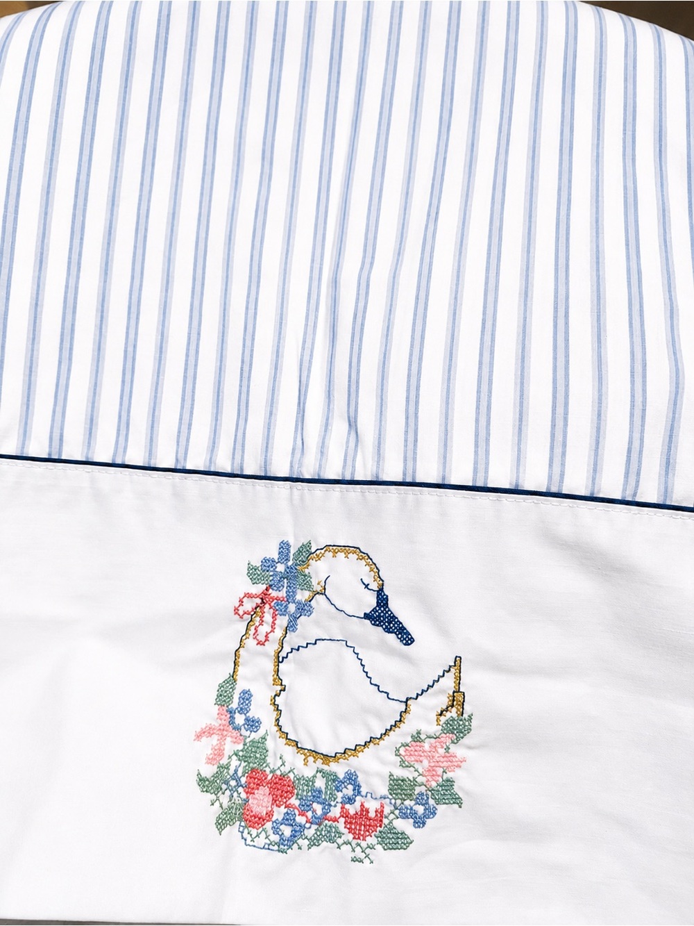 Classic White & Blue Striped Embroidered Goose Cotton Pillowcase
